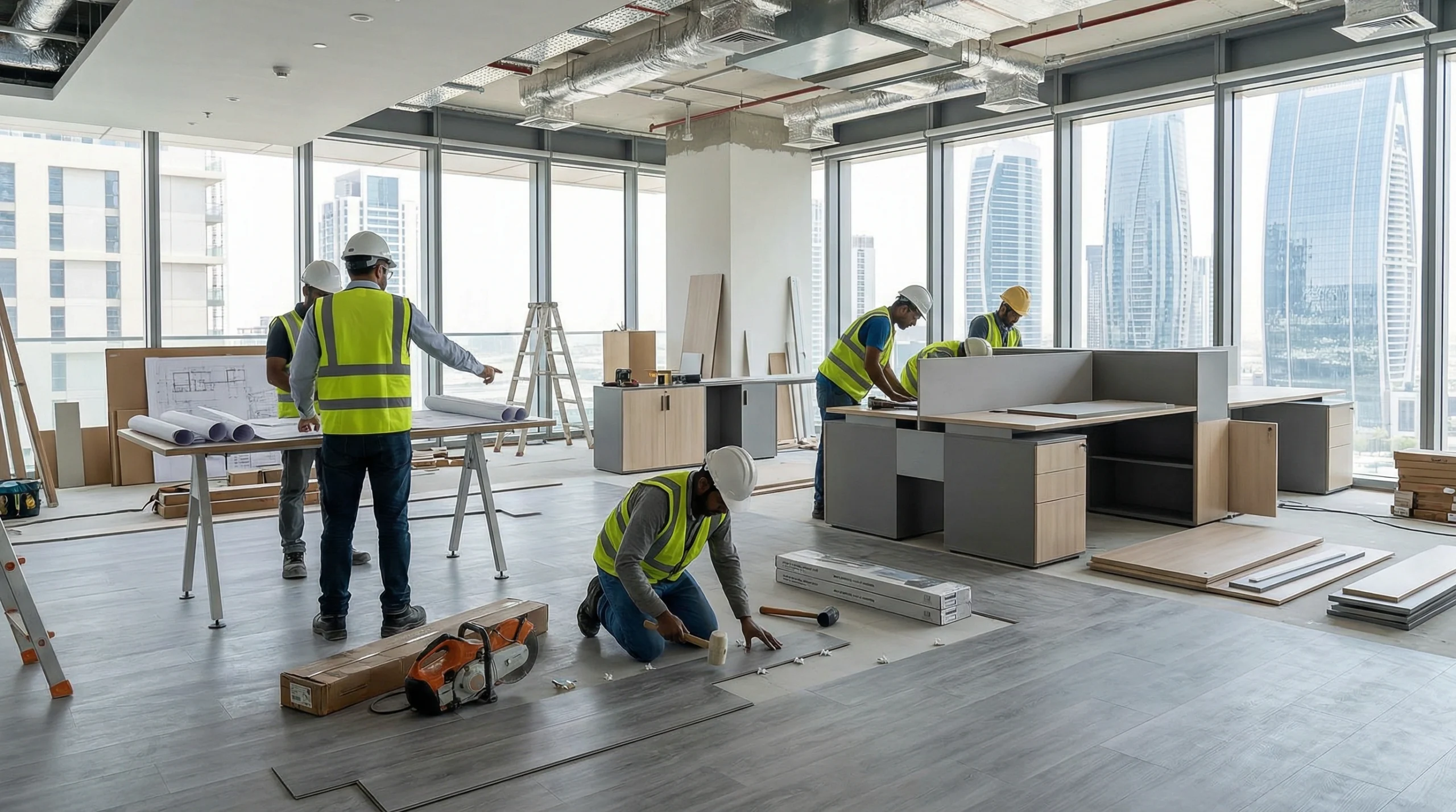 Corporate office renovation in Downtown Dubai with ongoing laminate flooring installation and technical coordination.