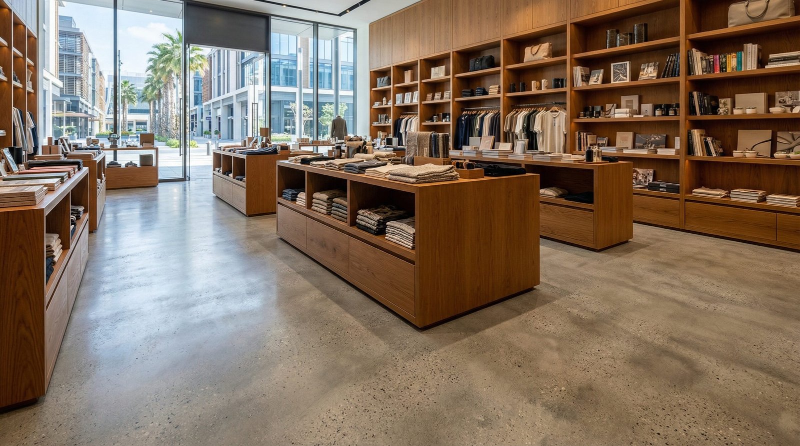 Heavy-duty concrete-effect LVT flooring in a City Walk retail store by Karnak Carpentry.