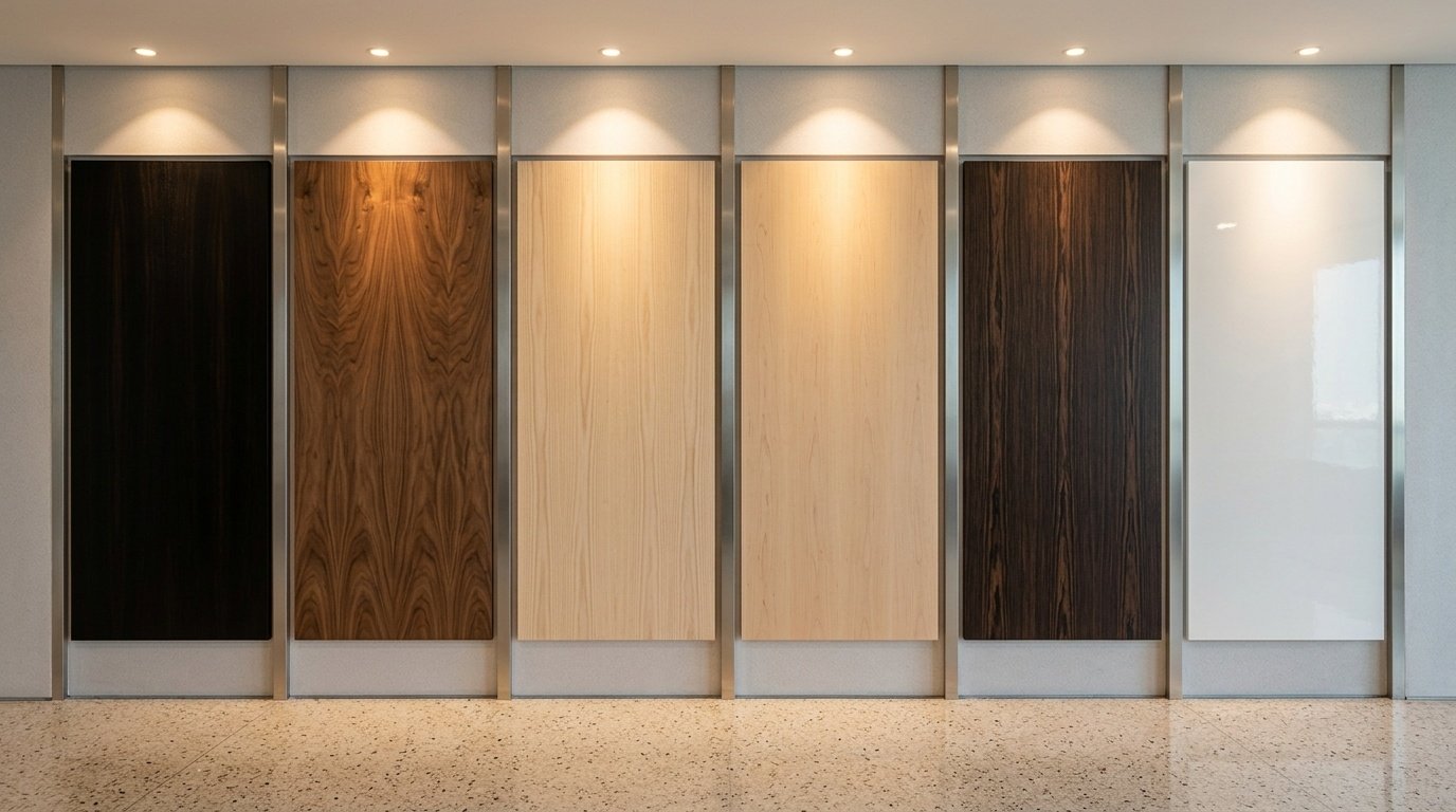 Integrated multi-finish wood panel feature wall with shadow gaps and spot lighting in a UAE commercial space by Karnak Carpentry
