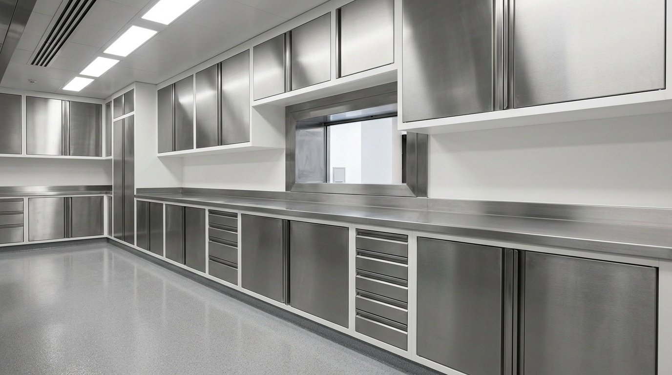 Custom commercial kitchen cabinetry with stainless-clad panel doors and integrated pass-through window in a Dubai hotel by Karnak Carpentry