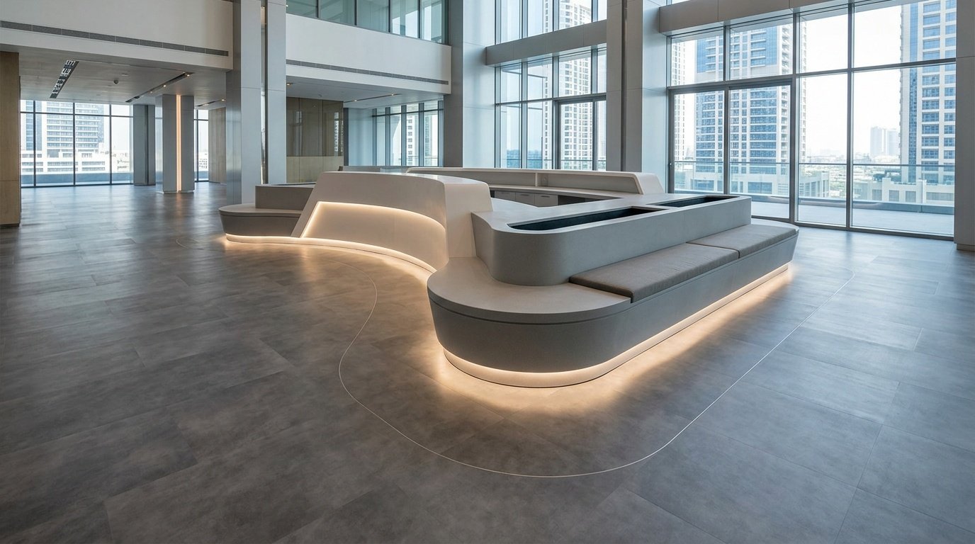 Commercial-grade slate-grey LVT flooring contours a curved reception desk in a Business Bay tower by Karnak.