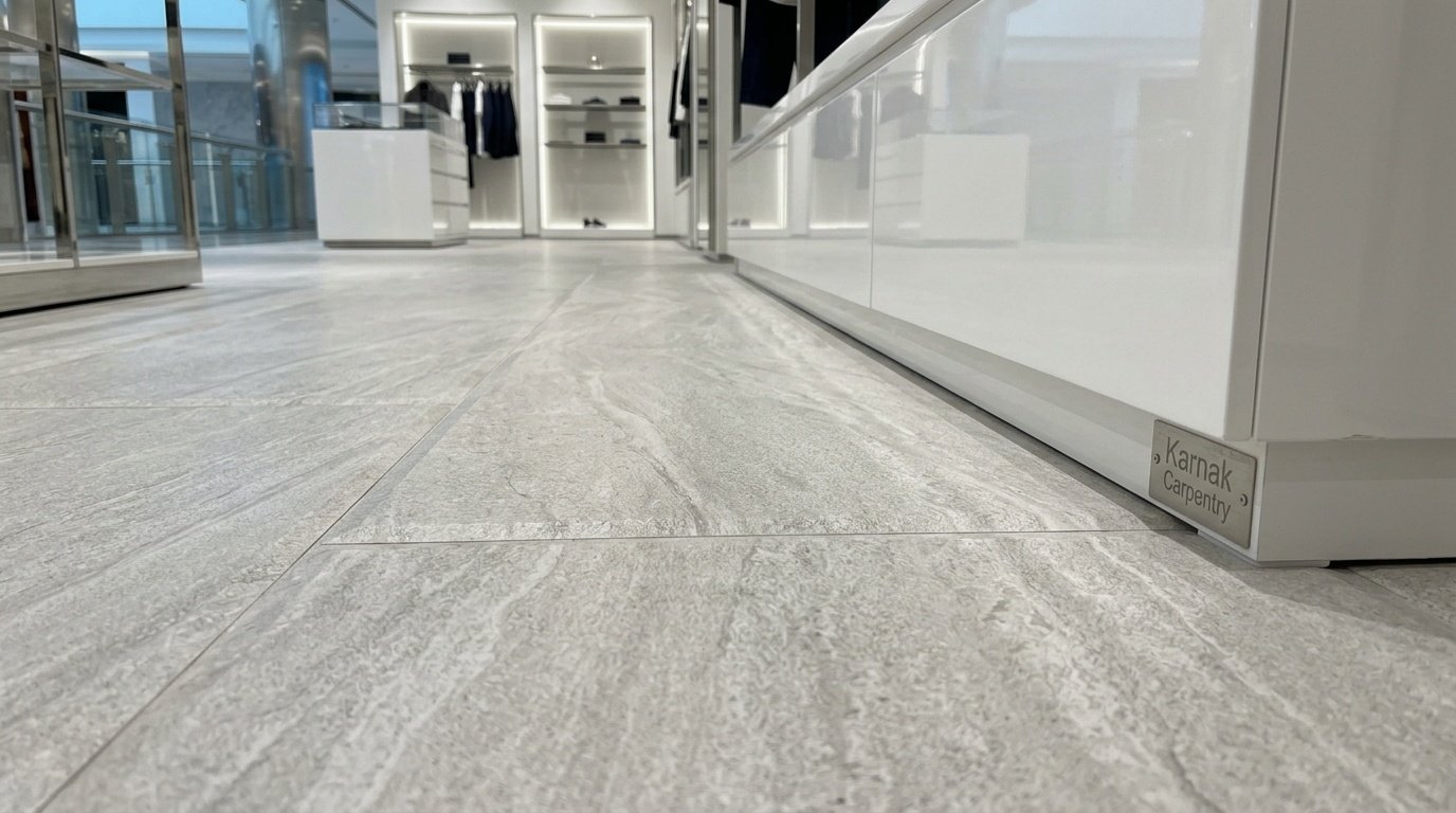 Ash-grey LVT stone-effect tiles precisely installed in a Dubai Mall retail store near custom display joinery.