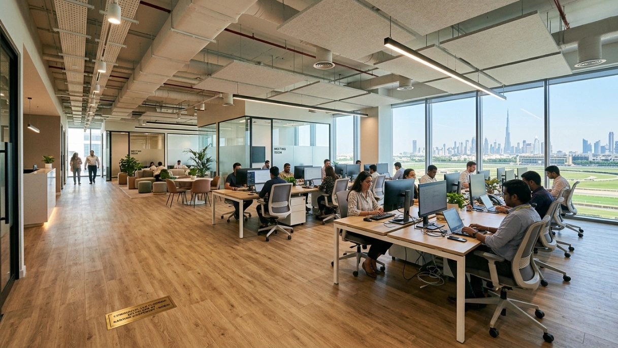 Bright open-plan office in Meydan featuring durable commercial-grade oak LVP flooring installed by Karnak Carpentry.