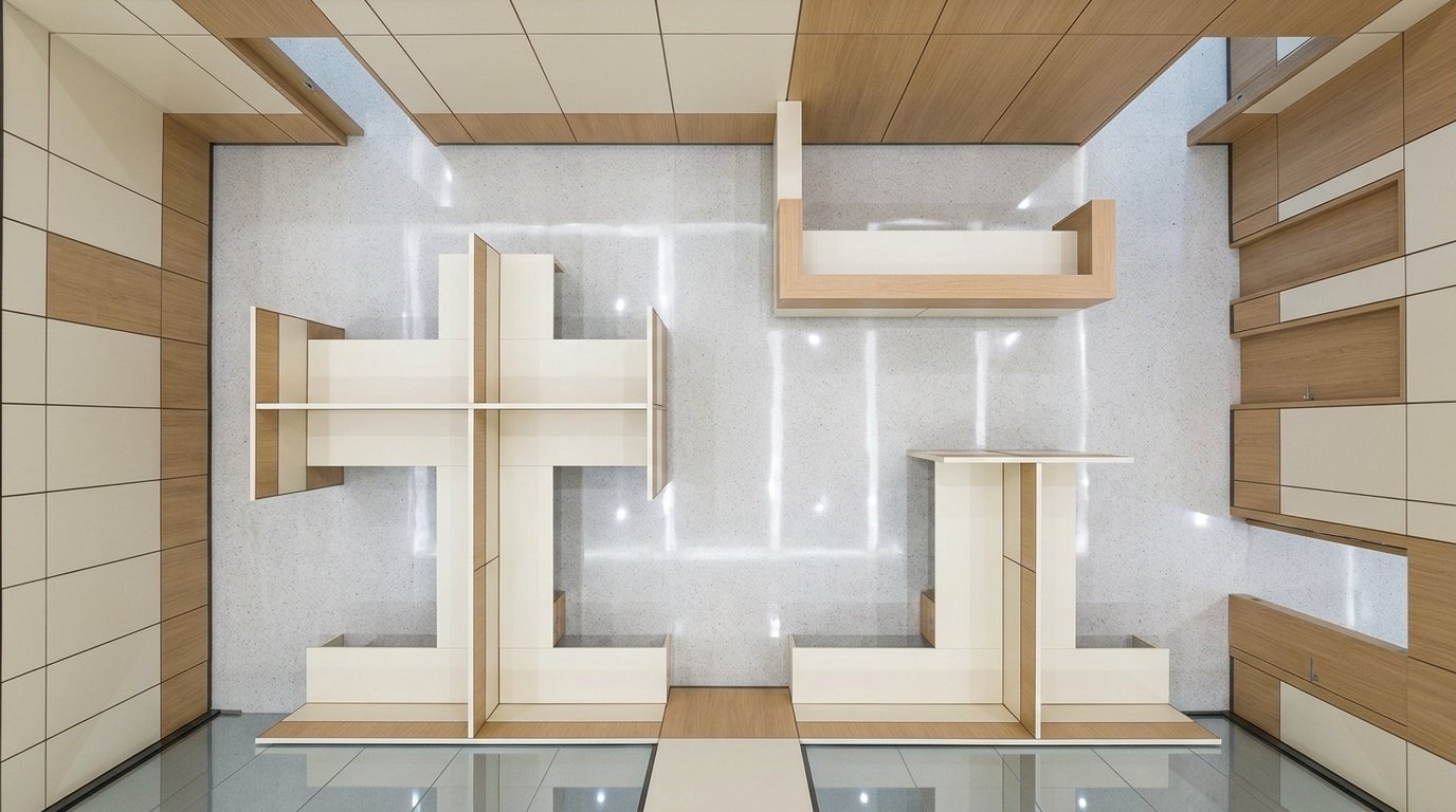 Overhead view of precision-installed commercial office joinery across reception, workstations, and corridors in a Dubai high-rise by Karnak Carpentry