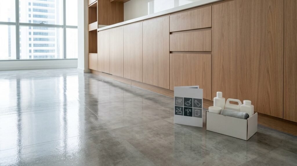 Clean concrete-effect LVT flooring in a JLT office breakroom with maintenance kit and custom joinery.