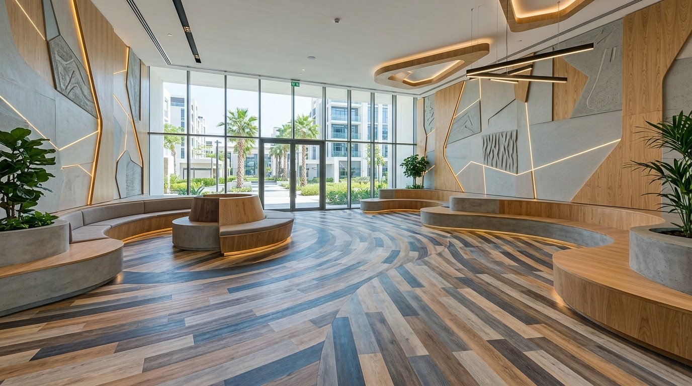 Dynamic LVT flooring paths and built-in seating hubs in a modern residential community space by Karnak.