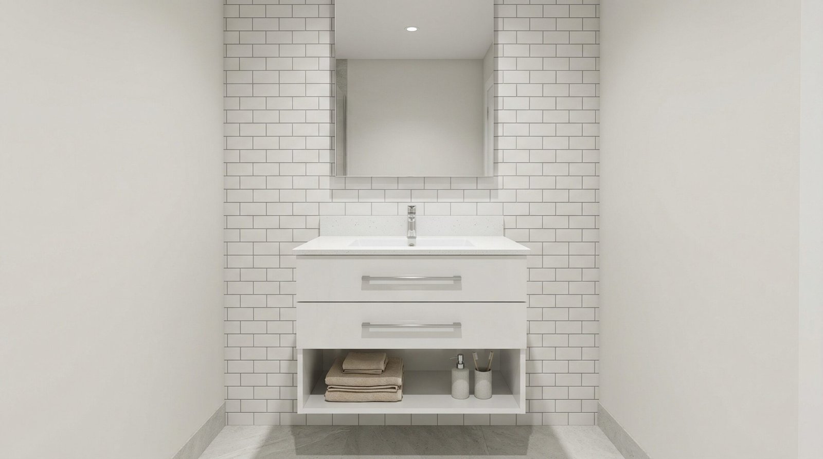 Compact 600mm wall-hung bathroom vanity with integrated basin and two slim drawers in UAE apartment small bathroom