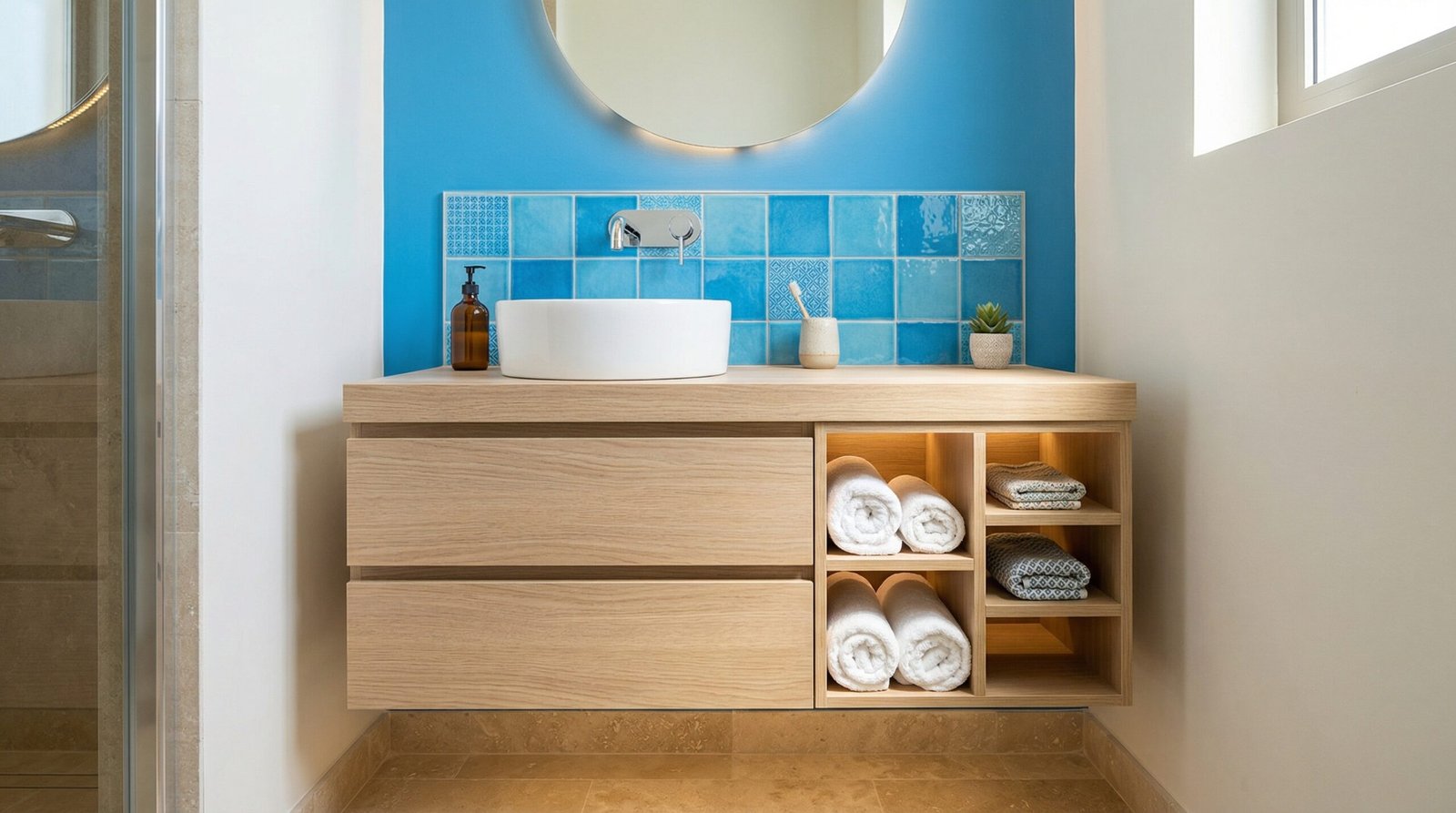 Compact and efficient guest bathroom vanity with open shelving, custom woodwork in an Al Furjan villa.
