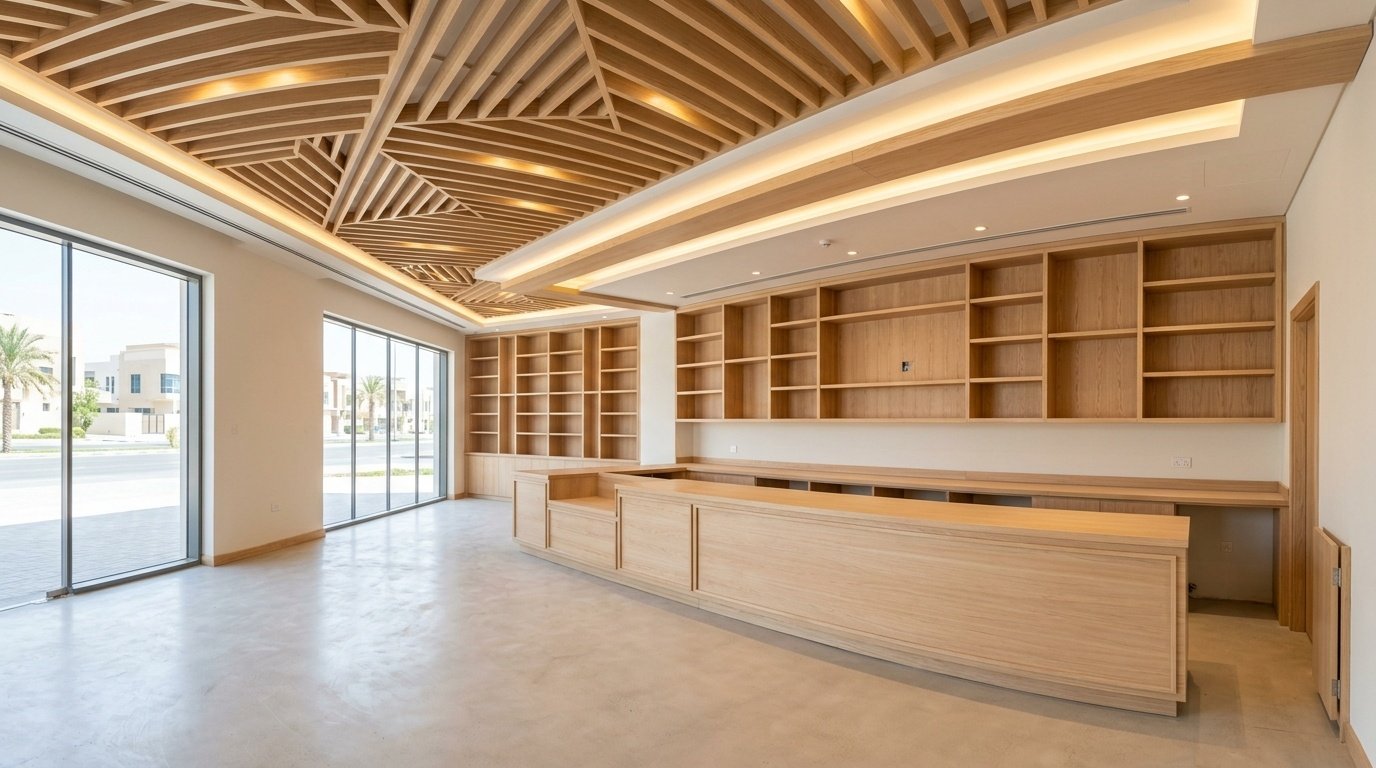 Overview of cafe joinery including ceiling rafters, bulkhead lighting, and counter structures.