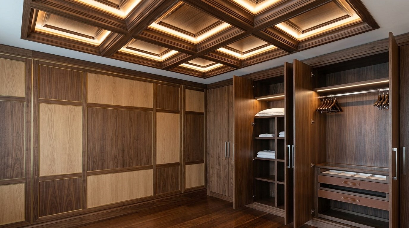 Ceiling coffers, wall paneling, and built-in wardrobes in a luxury hotel suite by Karnak Carpentry.