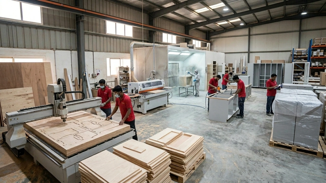 A dynamic wide-angle shot showing multiple fabrication stages within Karnak's comprehensive Dubai workshop.