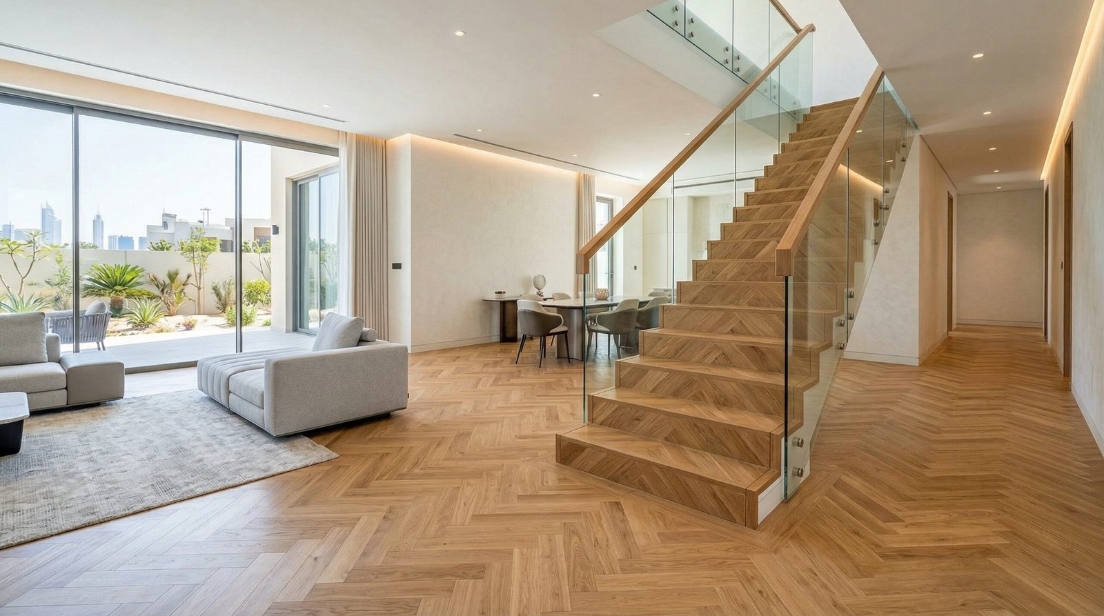 Completed European Oak herringbone parquet flooring integrated with custom wooden stairs in an Abu Dhabi villa.