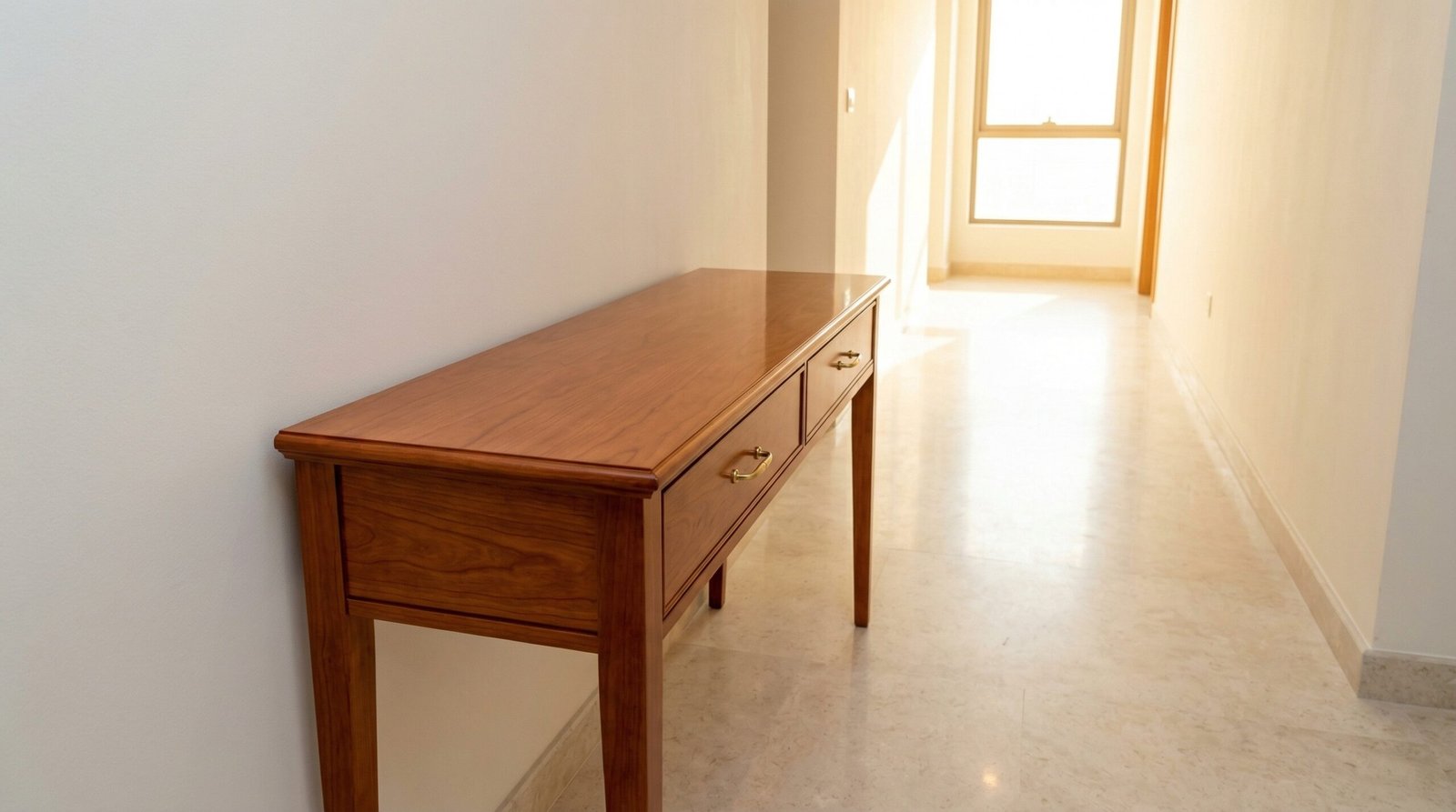 Completed warm cherry wood console table with brass details in a pristine UAE hallway.