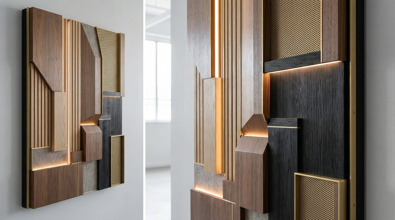 ompleted multi-layer wood and acoustic wall panel sample, showcasing detailed design capability.