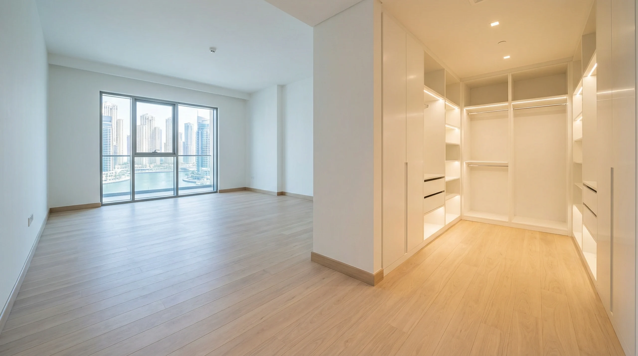 Immaculate light ash oak laminate flooring flawlessly installed in a modern Dubai Marina master suite with joinery.