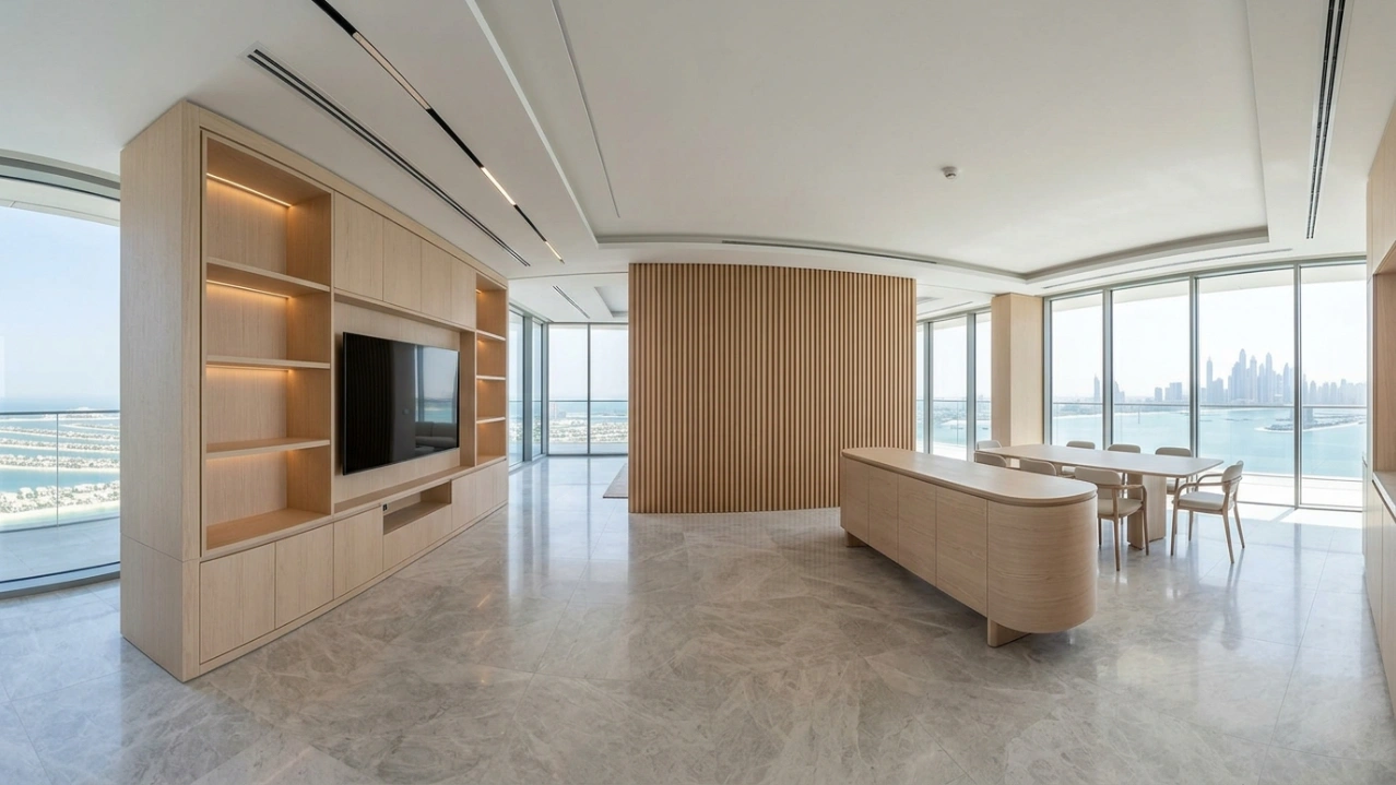 panoramic view of integrated light ash cabinetry, slatted walls, and credenzas in a completed Palm Jumeirah penthouse.