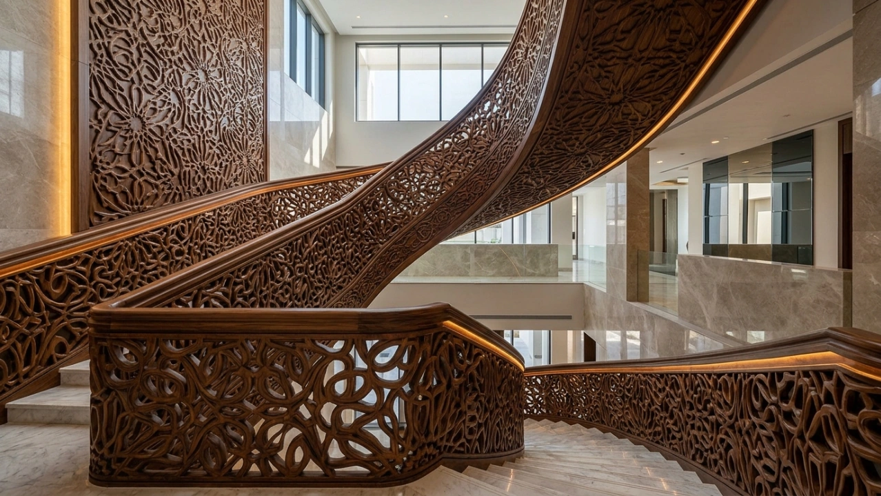 Spectacular large-scale custom carved wooden staircase railing with complex geometric patterns in a luxury Dubai villa.