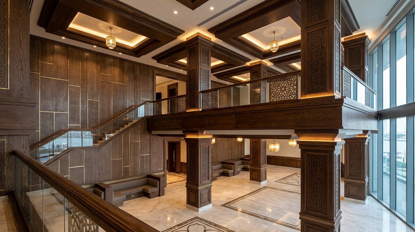 Large-scale, intricate decorative timber columns and mezzanine balustrades in a Dubai restaurant.