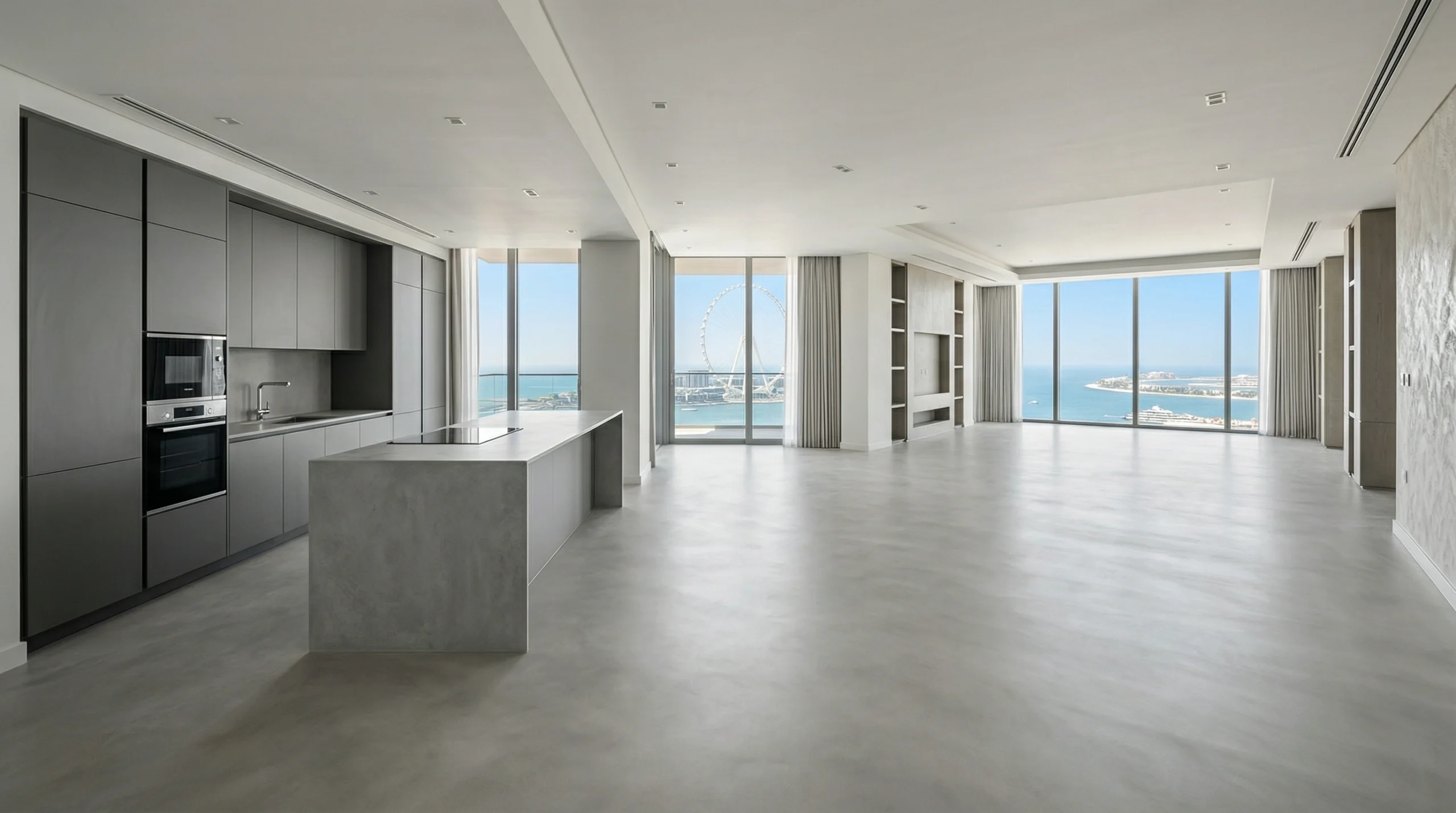 Seamless waterproof matte concrete-effect SPC flooring throughout an open-plan JBR penthouse by Karnak Carpentry.