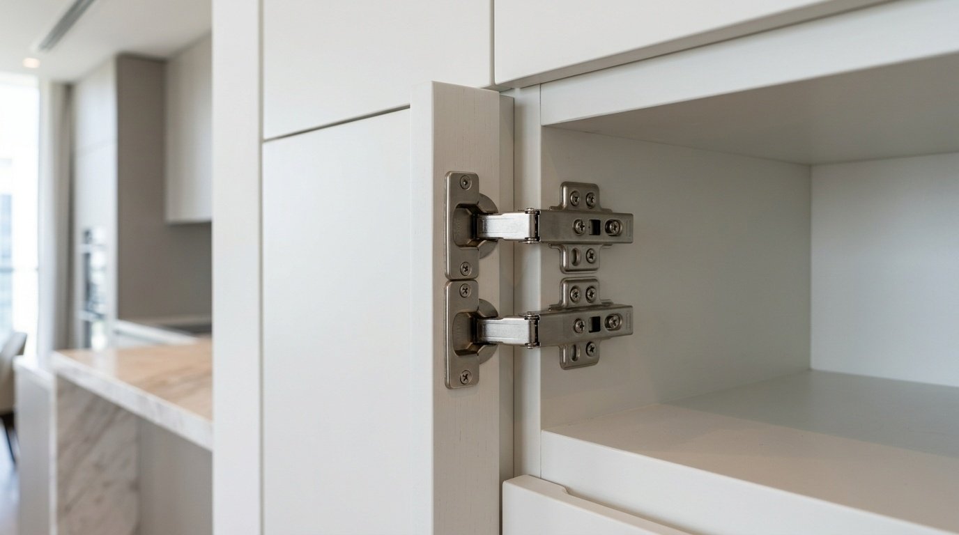 Close Up Of Heavy Duty Concealed Hinges On A Custom Built Dining Cabinet.