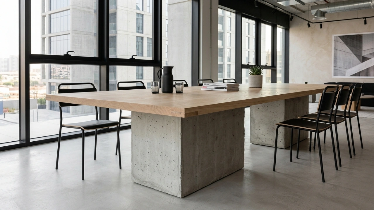 Custom minimalist dining and collaboration table with concrete base and ash wood top in Dubai Design District (d3).