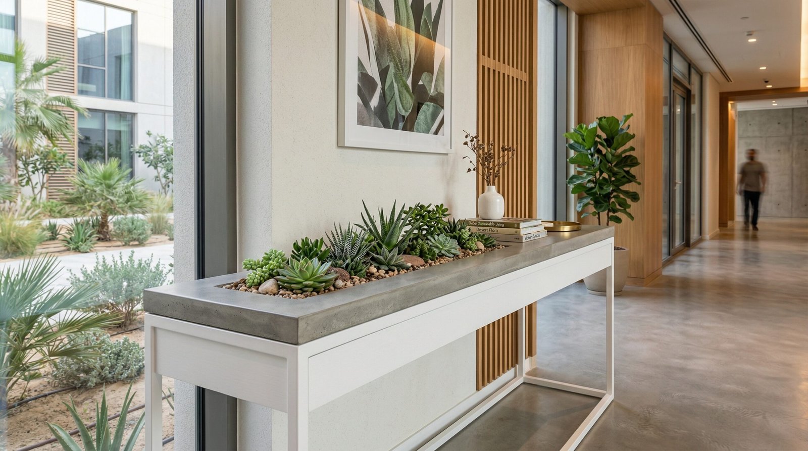 Modern white console table with integrated concrete planter and succulents in a UAE hallway.cc