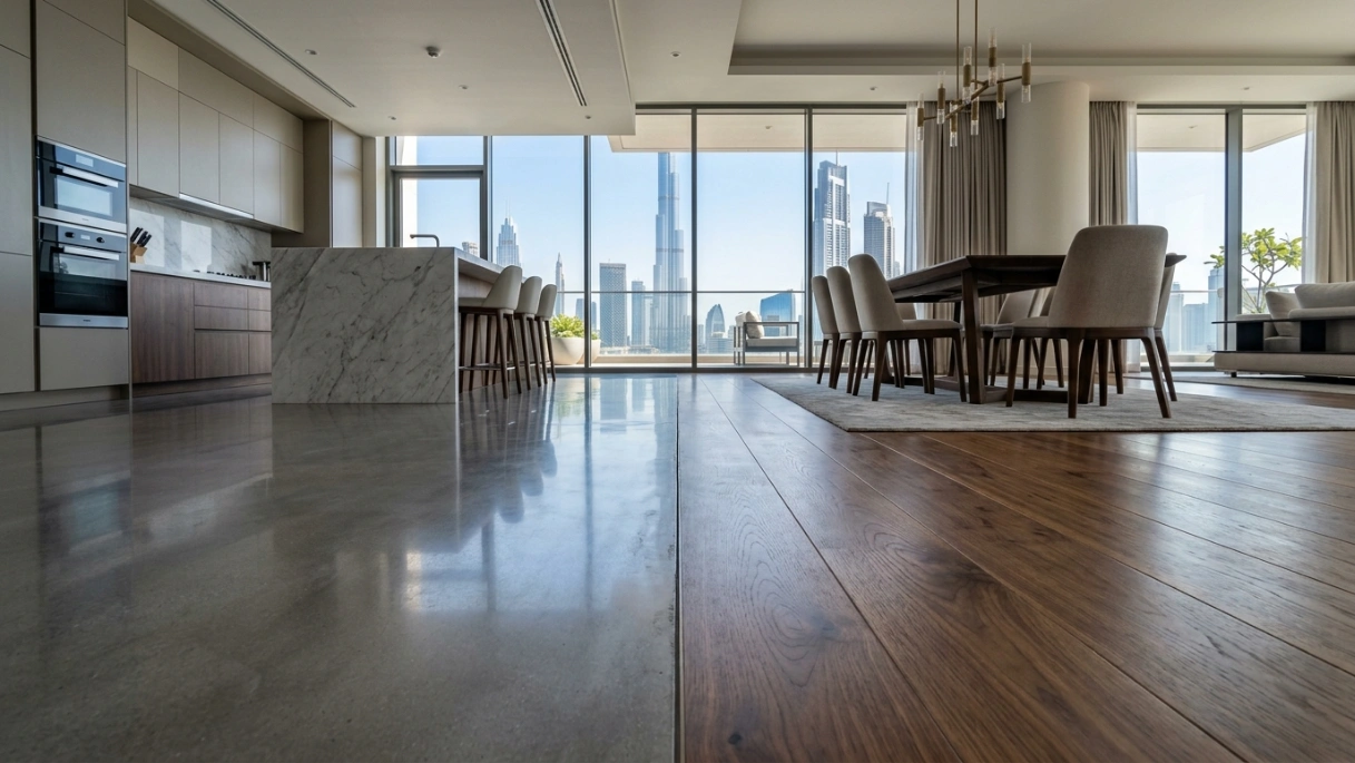Flawless flush transition between polished concrete and walnut wood flooring in a Downtown Dubai penthouse, installed by Karnak Carpentry.