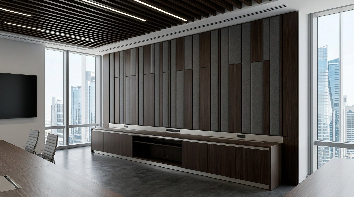 Wenge veneer and fabric acoustic wall panels with built-in AV credenza in an Abu Dhabi conference room by Karnak Carpentry