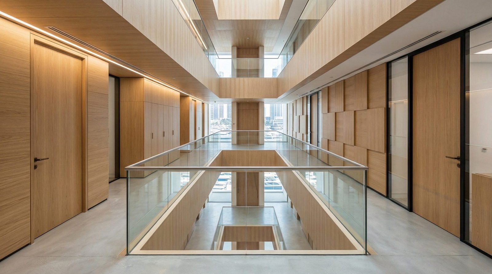 Consistent light wood veneer paneling and doors down multiple corridors of a Dubai Marina office.