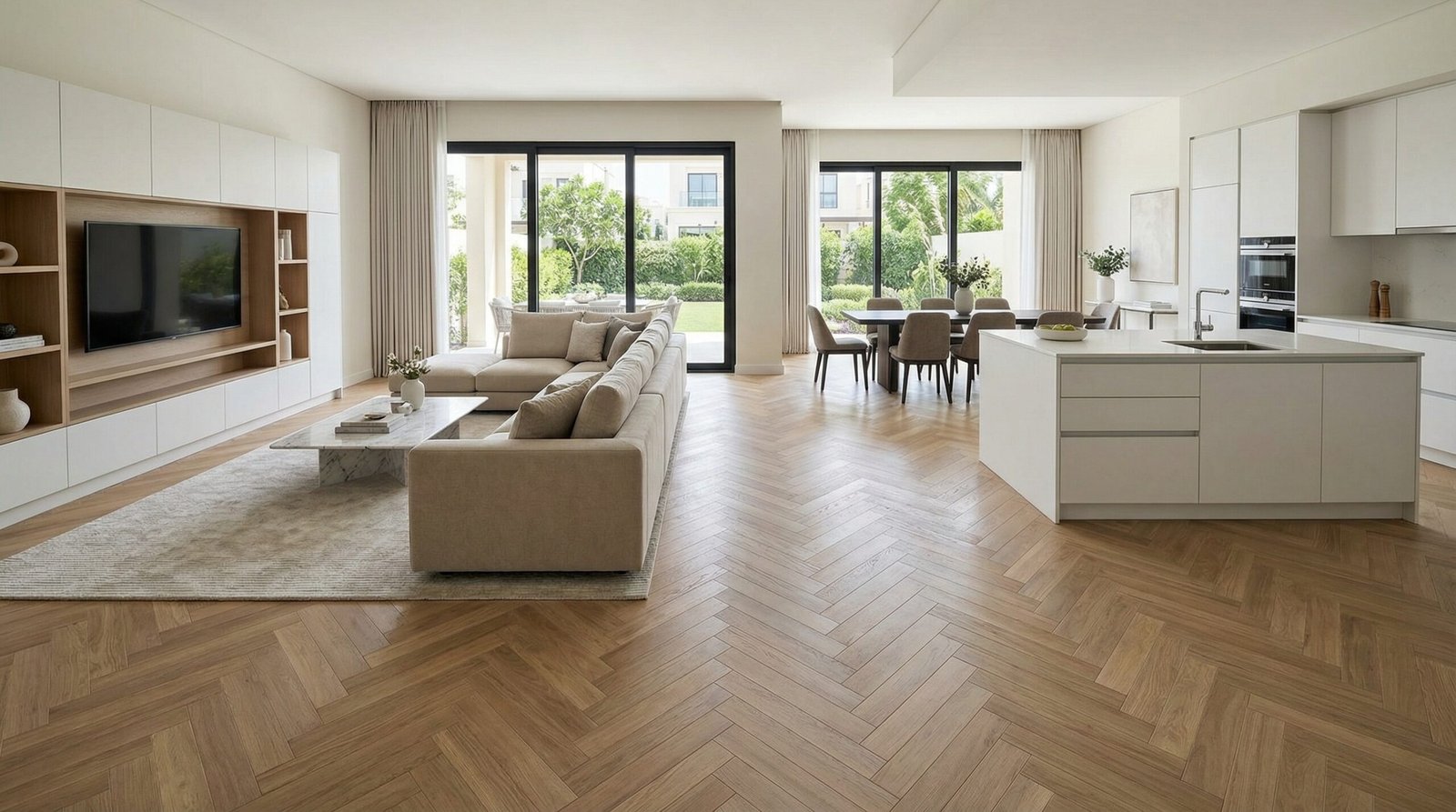 Elegant European oak herringbone parquet flooring in a Jumeirah Golf Estates townhouse.