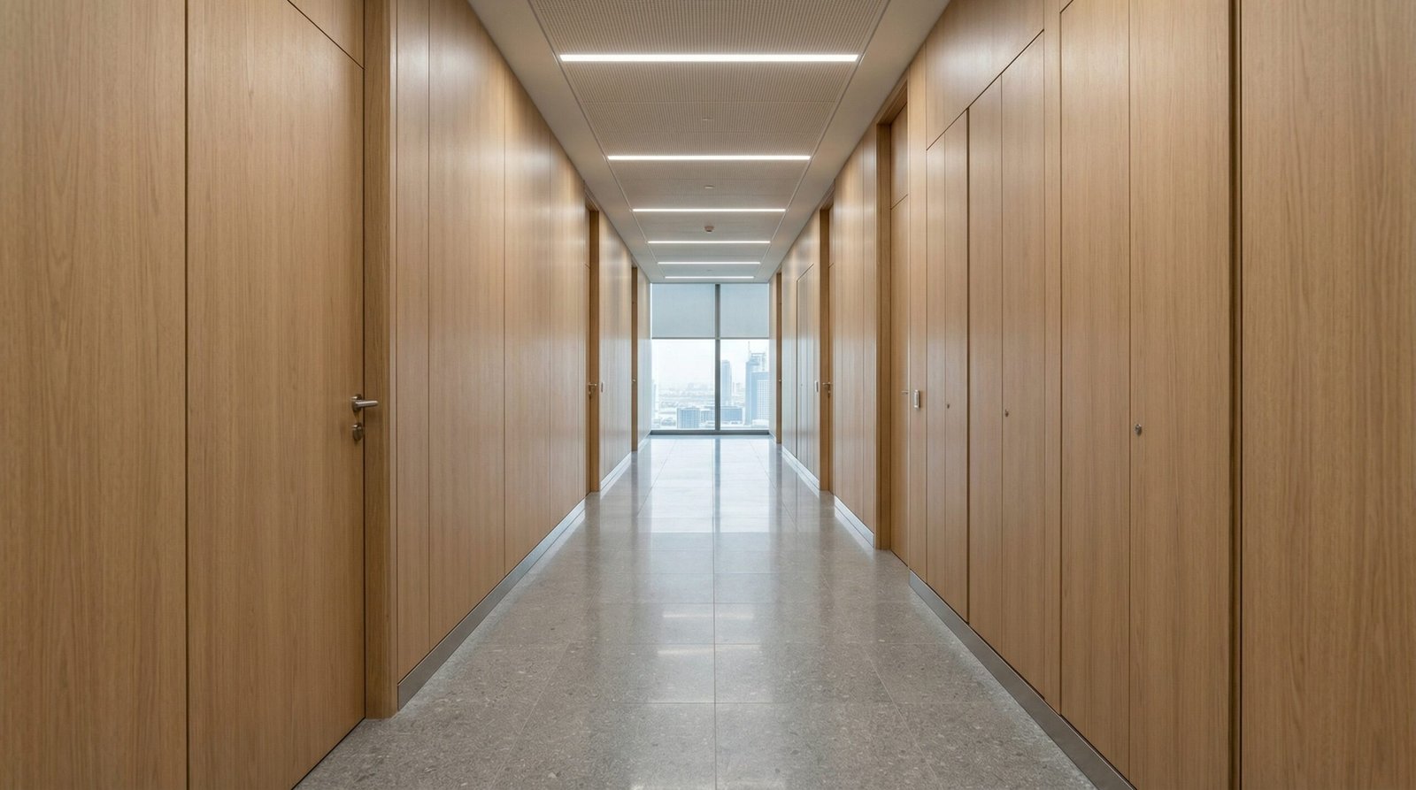Consistent light wood veneer wall paneling, doors, and storage systems down a long corporate corridor.
