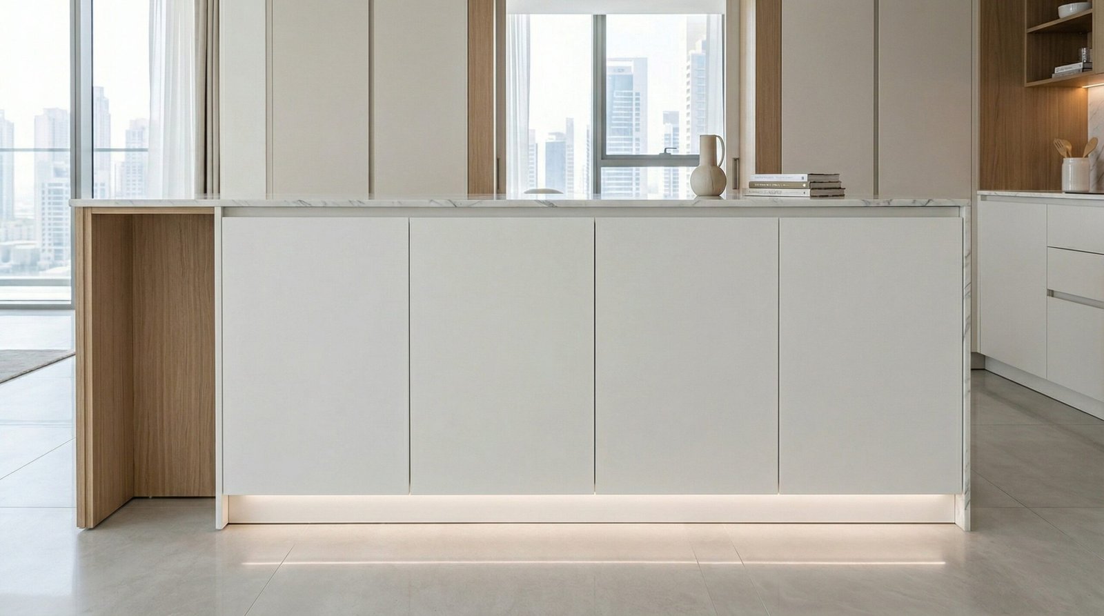 Handleless matte white lacquer minimalist kitchen island with Statuario marble countertop and fluted oak end panel in UAE apartment