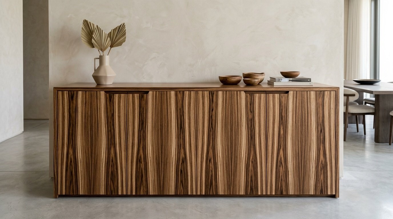 Continuous Zebrawood Grain Across Multiple Custom Built In Dining Cabinet Doors.