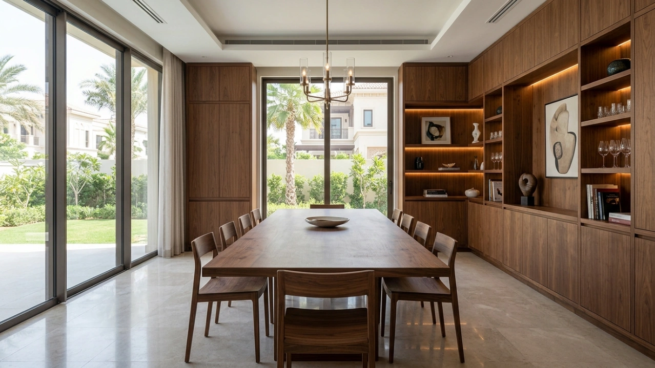 Bespoke dining table integrated with custom wall paneling and fitted cabinetry in a Jumeirah villa dining room.