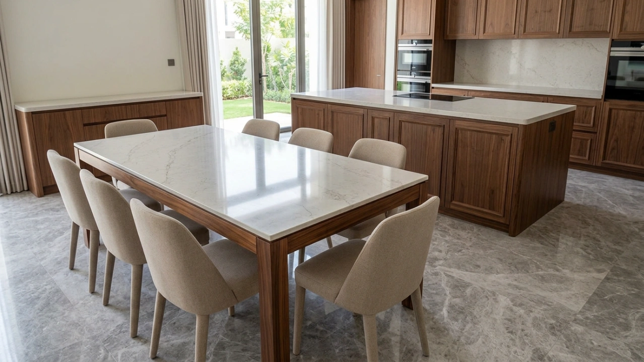 Matching custom walnut and quartz dining table coordinated with kitchen island joinery in a Dubai Hills villa.