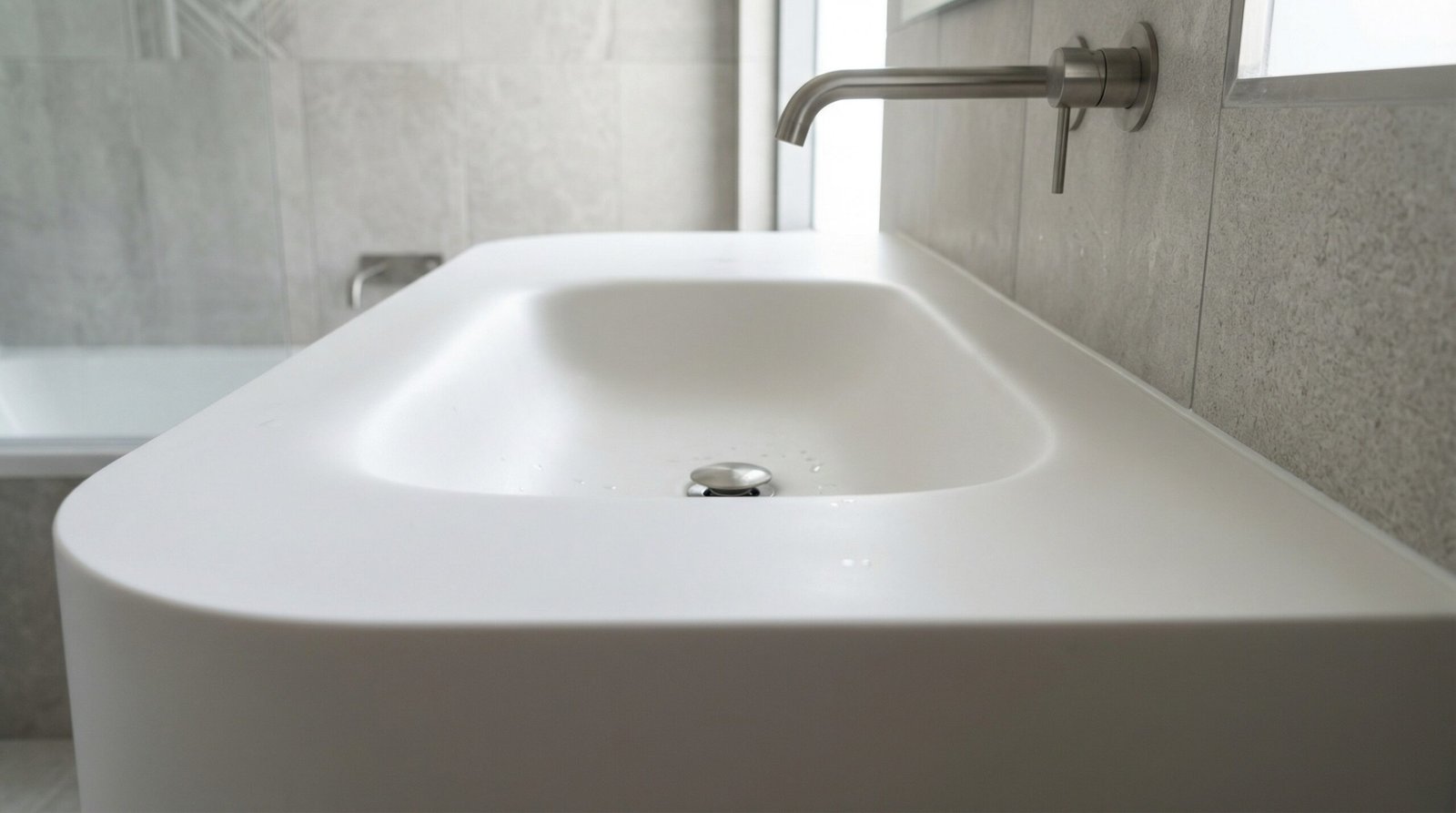 Seamless Corian solid surface integrated bathroom vanity countertop and basin in one-piece matte white form in UAE apartment