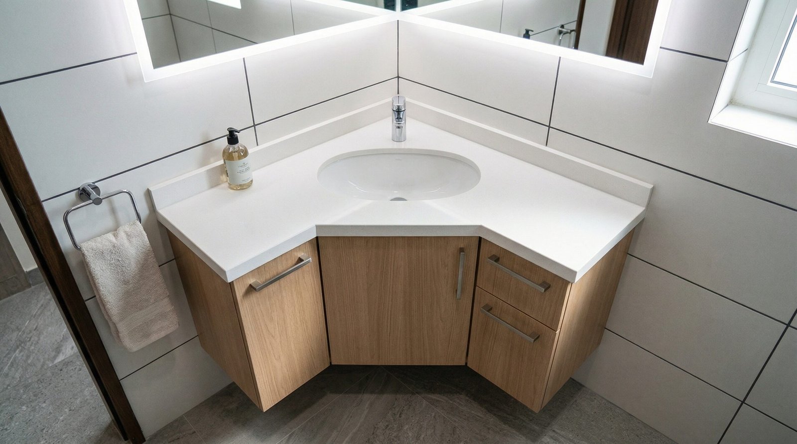 Corner-configuration L-shaped bathroom vanity with integrated corner basin maximising space in UAE townhouse compact bathroom