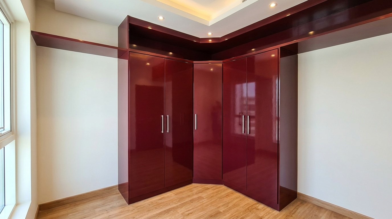 Custom built-in L-shaped corner wardrobe in burgundy lacquer with chrome handles in Dubai International City apartment