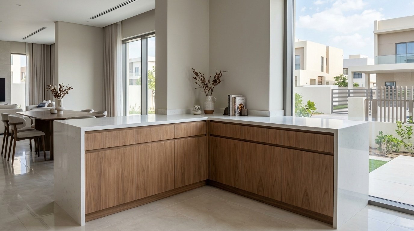Custom L-shaped corner dining cabinetry, Al Furjan Dubai.