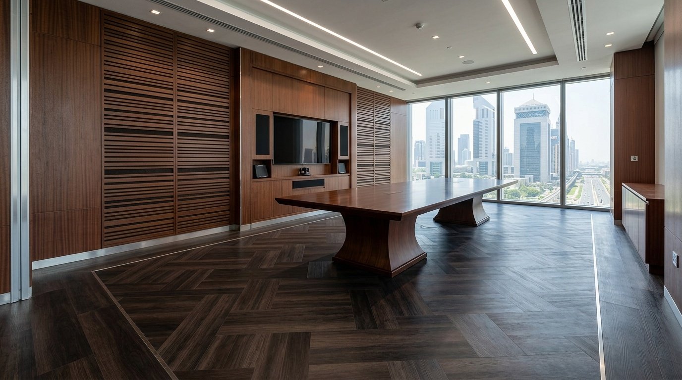 Dark espresso LVT tile patterns defining a corporate board room floor in DIFC near custom mahogany joinery.