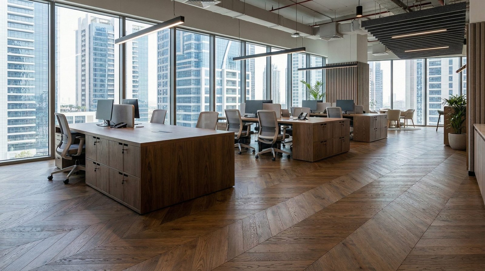 Robust dark oak chevron parquet flooring in a Business Bay corporate office open-plan area.