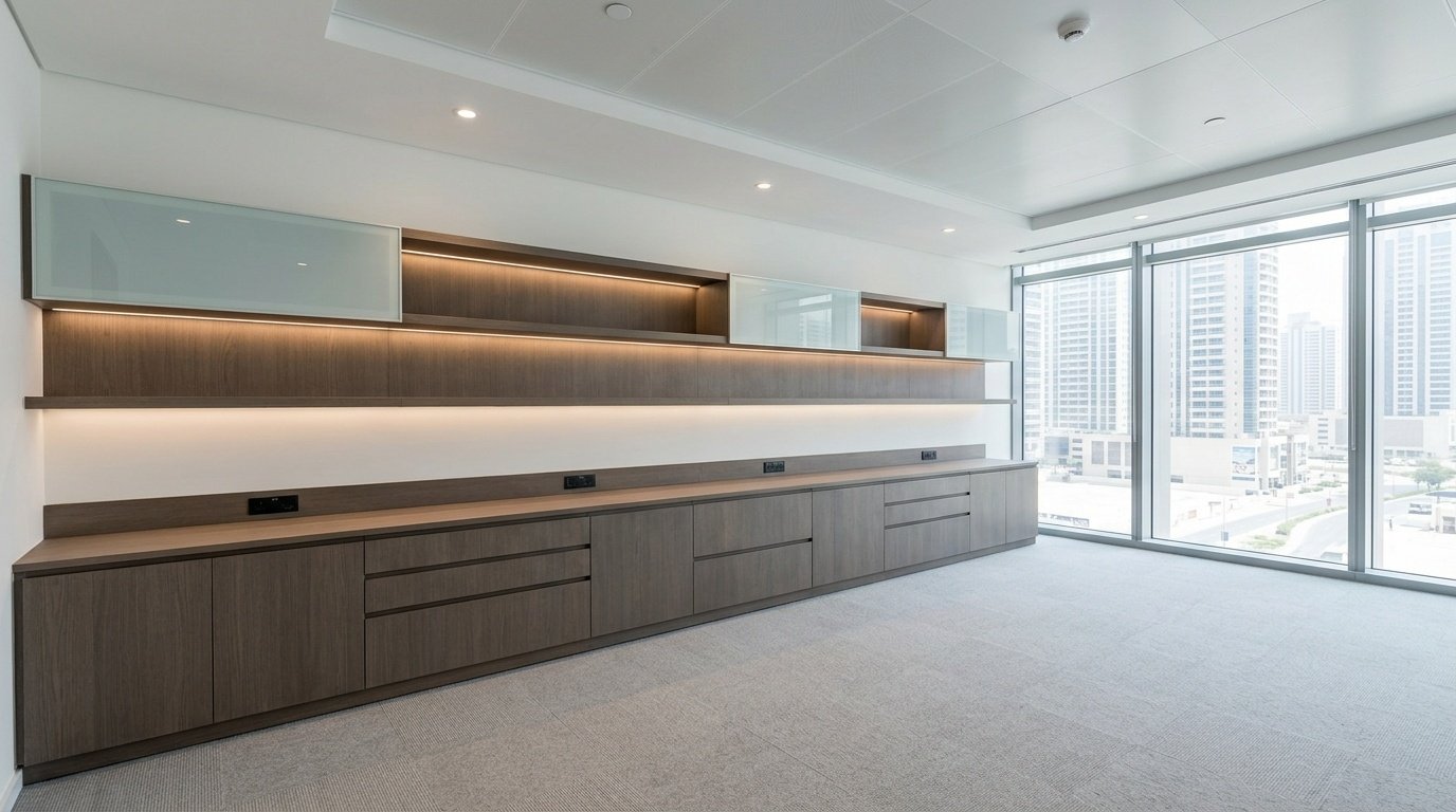 Smoked oak built-in credenza with integrated shelving and LED underlighting in a Dubai corporate office by Karnak Carpentry