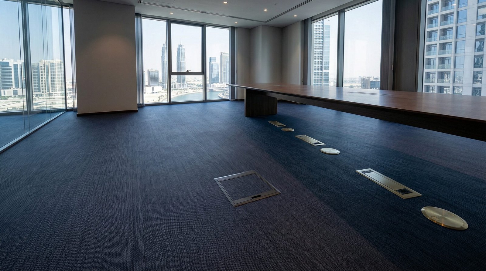 Acoustic woven-texture LVT flooring in a Business Bay corporate boardroom.