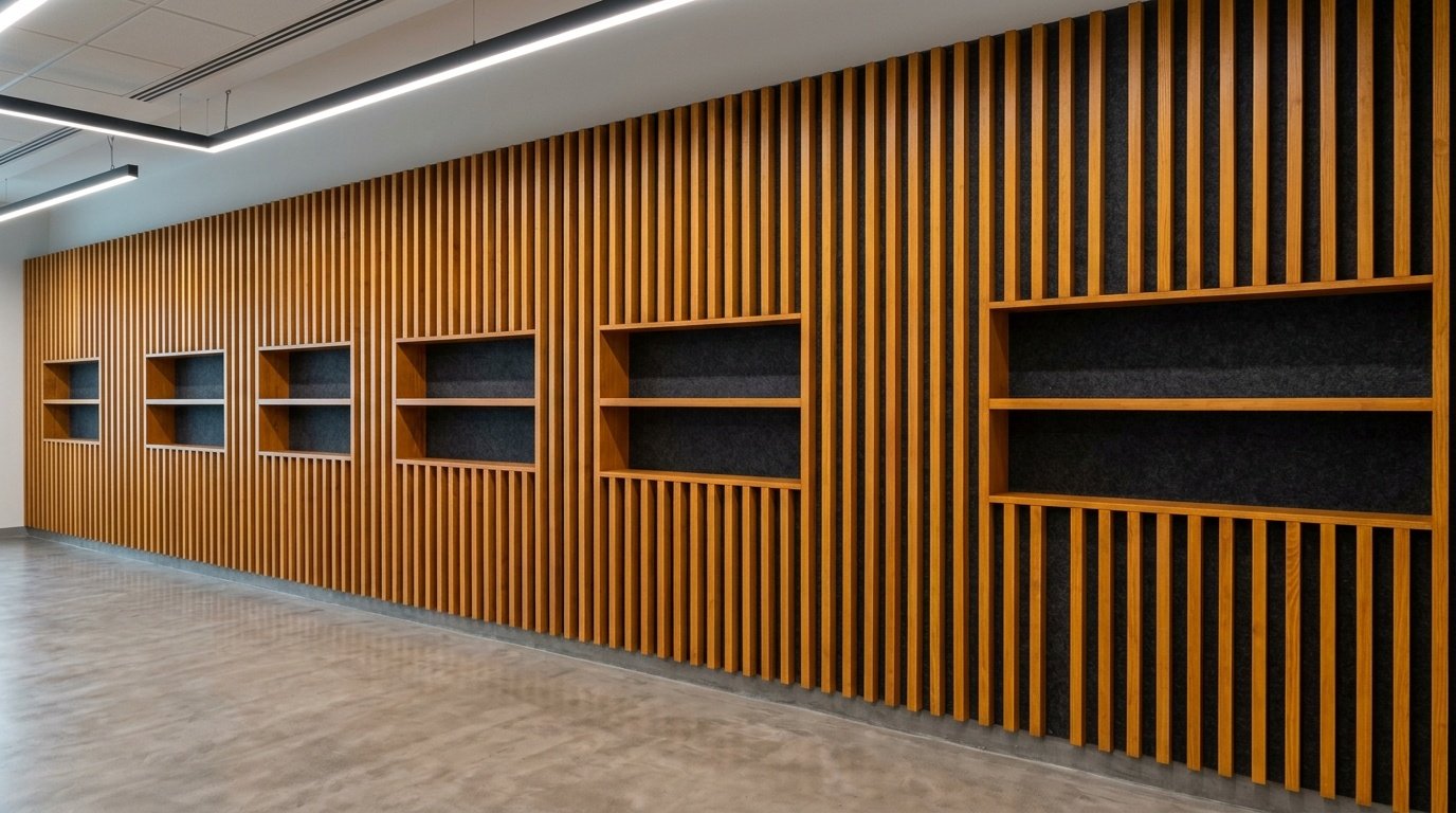 Amber pine timber slat acoustic feature wall with integrated shelf niches in a UAE co-working hub by Karnak Carpentry