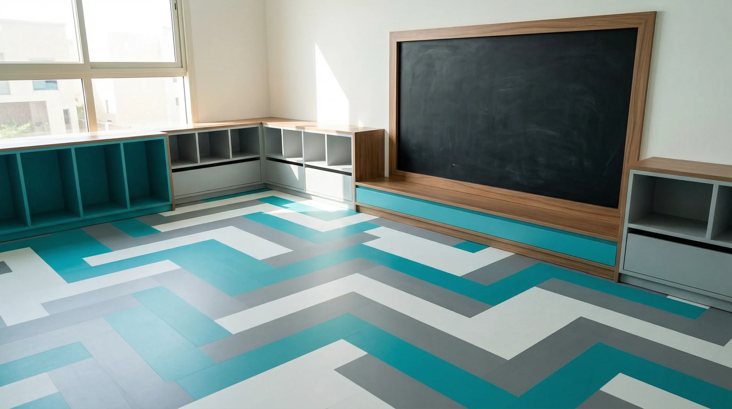 Teal, grey, and white patterned contemporary laminate flooring in a Mirdif playroom with custom joinery.