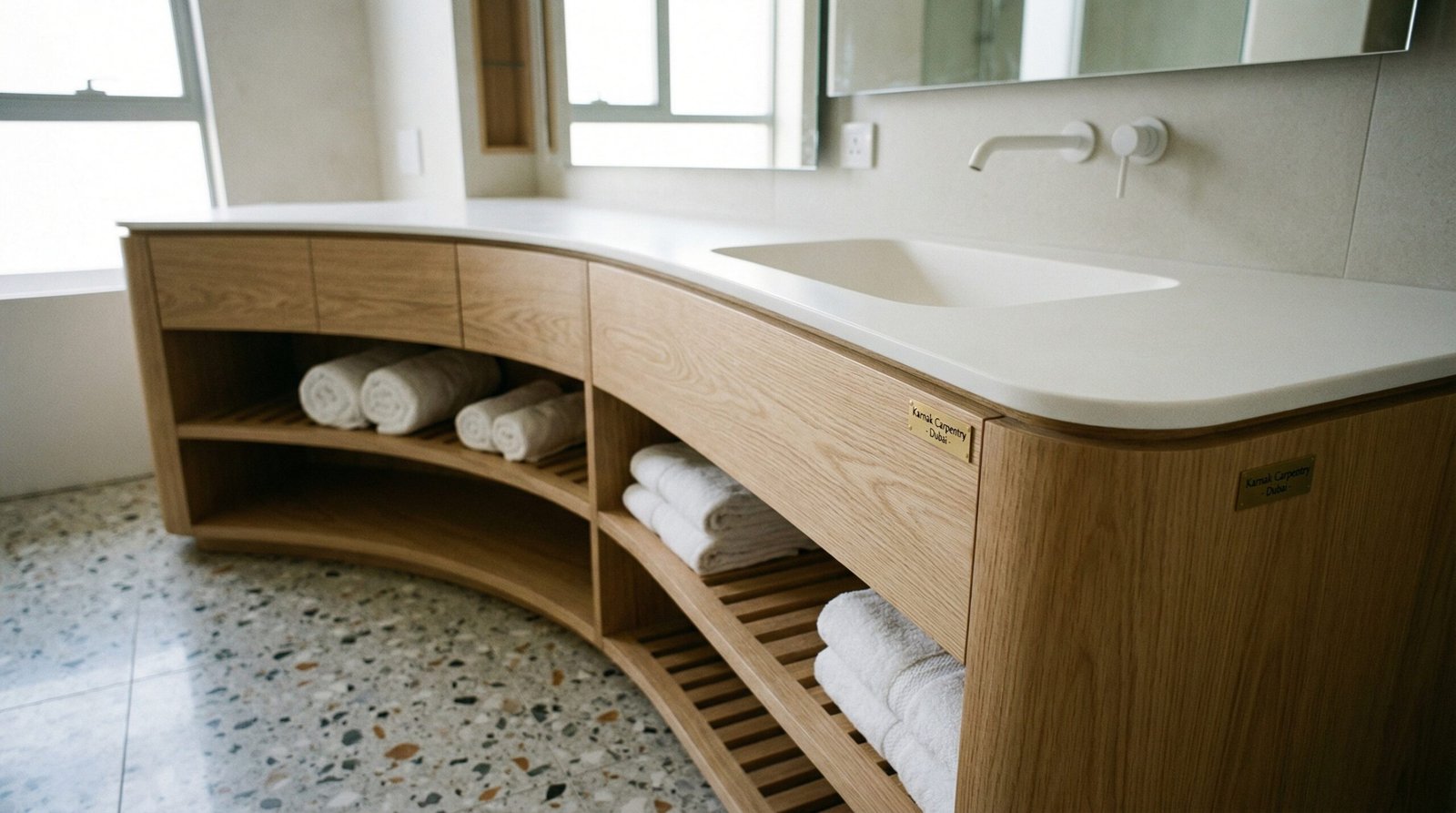 Custom curve-front bathroom vanity unit in light oak, installed by Karnak Carpentry in a modern Mirdif family home.