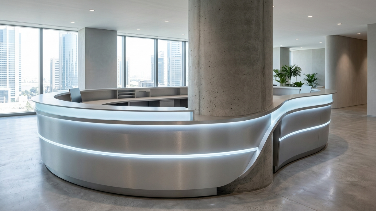 Complex curved reception desk meticulously fitted around an architectural column in an Abu Dhabi office