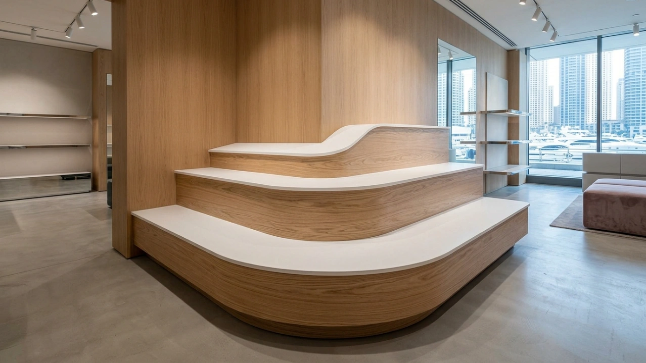 Completed custom curved plywood retail display riser installation.
