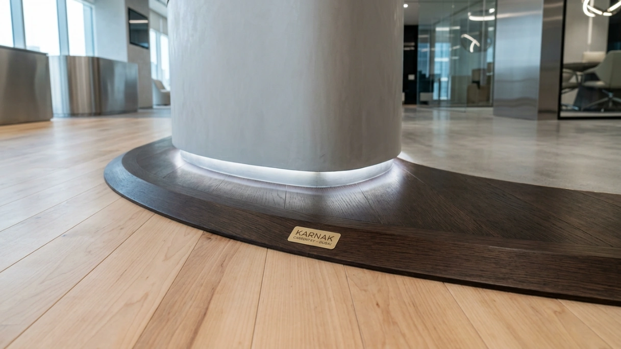 Precision custom curved wenge wood flooring transition profile installed around a curved wall in a DIFC showroom by Karnak Carpentry.