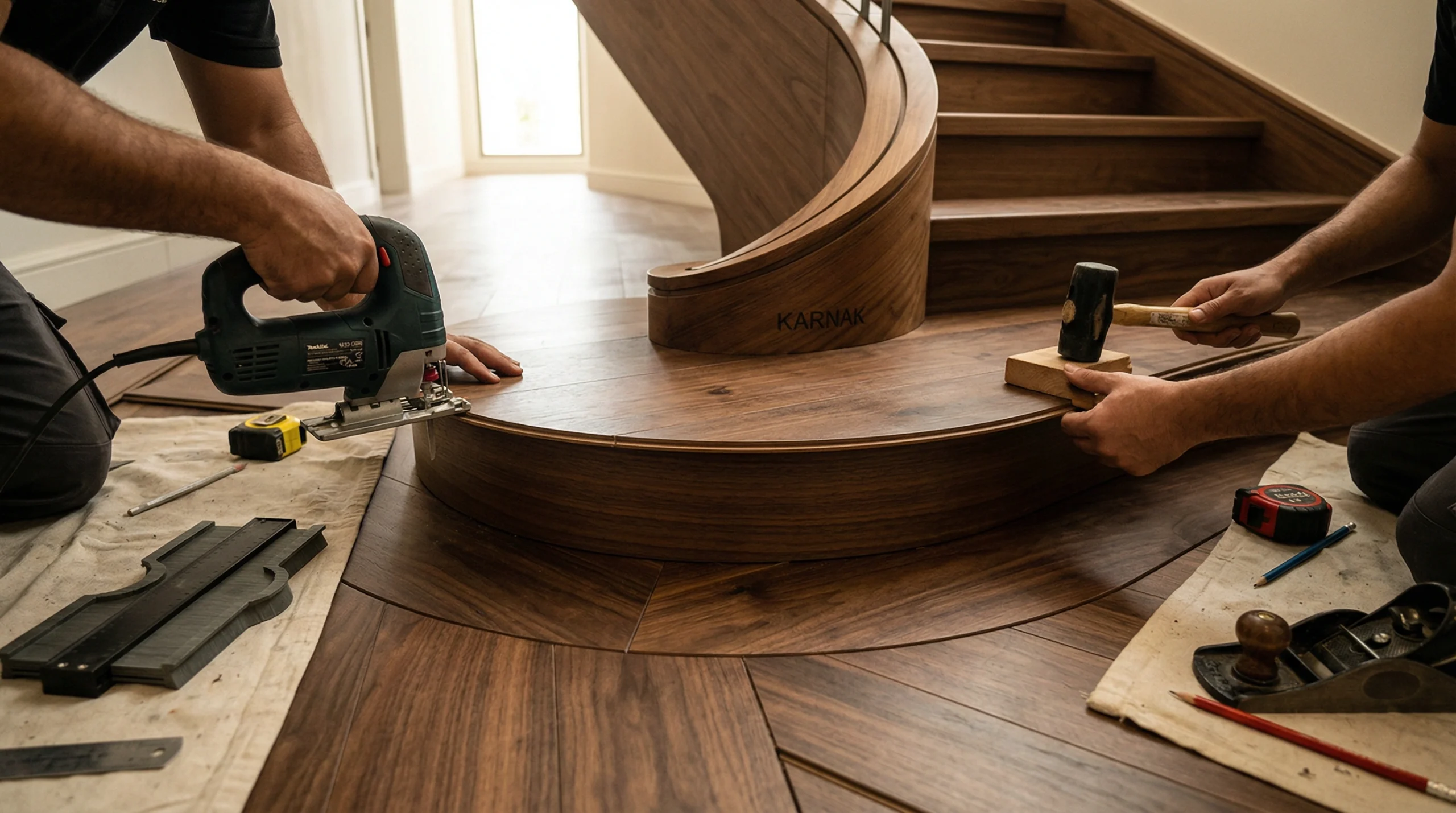 Complex curvilinear laminate flooring installation precisely cut around a curved timber staircase base in Abu Dhabi.